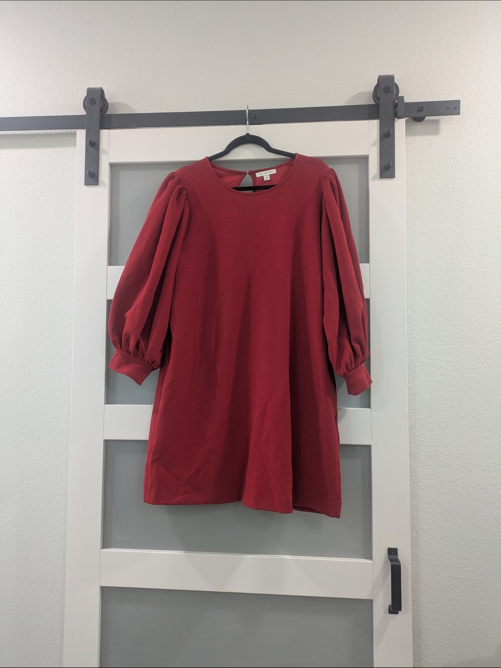 Midi Puff-Sleeve Dress in Deep Red